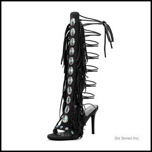 Gladiator Heels Knee High Stiletto Suede Fringe Boots Strappy Peep Toe Sandal
